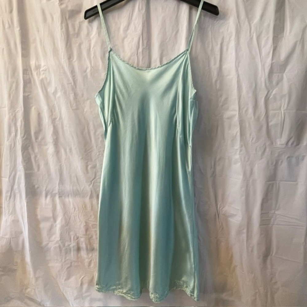 Vintage OPALE Italian Silk Lt Green Slip Dress Nightgown Rose & Eyelet Lace Sz L